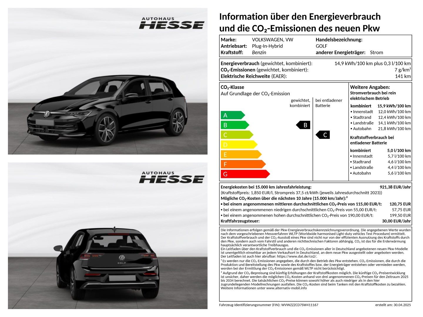 Volkswagen Golf Style 1,5 l eHybrid OPF 110 kW (150 PS) / 85 kW (116 PS) 6-Gang-Doppelkupplungsgetriebe DSG